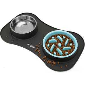 Slow Feeder Dog Bowls 3 in 1 Stainless Steel Dog Food and Water Bowls with Non-Spill Non-Skid Silicone Mat to Slow Down Eating for Large Medium Small Breed Size Dogs and Cats (Grey Blue)