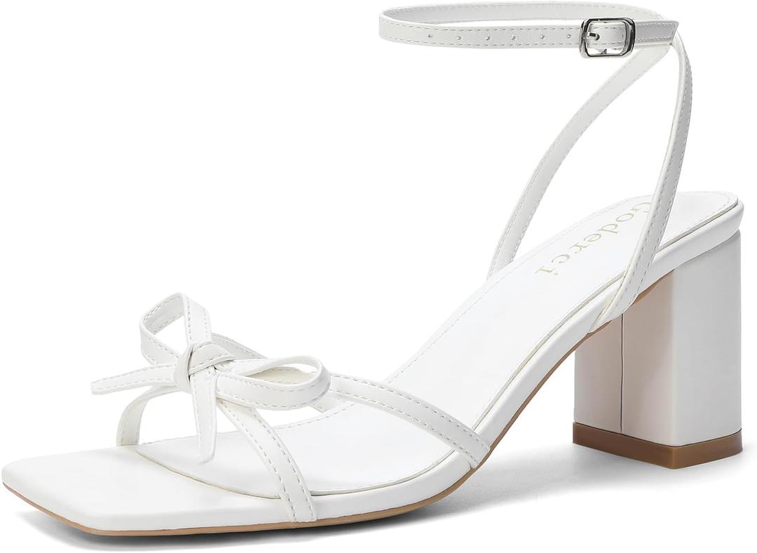 Goderci Bow Strappy Heels for Women Square Open Toe Mid Chunky Block Heeled Sandals 9