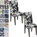 Chair Covers Dining Room Set of 2,Printed Patterned Stretch Non Slip | Chair Slipcover Removable Washable Kitchen Chair Protector Cover for Home Hotel Banquet Wedding Party Navy White Floral Leaf
