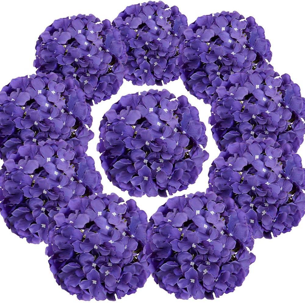 Flojery Silk Hydrangea Heads Artificial Flowers Heads with Stems for Home Wedding Decor,Pack of 10 (Purple)