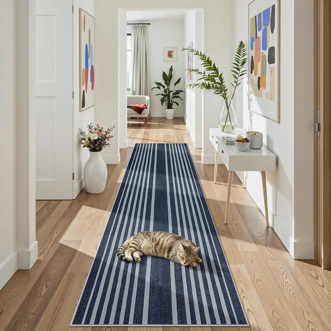 Beeiva Striped Blue Runners for Hallways, 2.5x8 Washable Bathroom Runner with Rubber Backed, Non Slip Soft Low Pile Indoor Floor Carpet for Kitchen Bedroom Porch High Traffic Areas