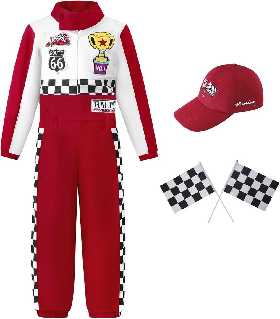 Race Car Driver Costume Boy Girl,Kid Racer Jumpsuit with Car Cap,Toddler Racing Costume Halloween with Accessories (110/XS, Red)