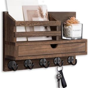 Key Holder Wall Mount, Mail Holder with Storage Drawer and 5 Key Hooks for Coat, Dog Leash, Home Decor Rack, House Accessories, Entry Way Organizer (Standard - 11.8 Inch, Brown)