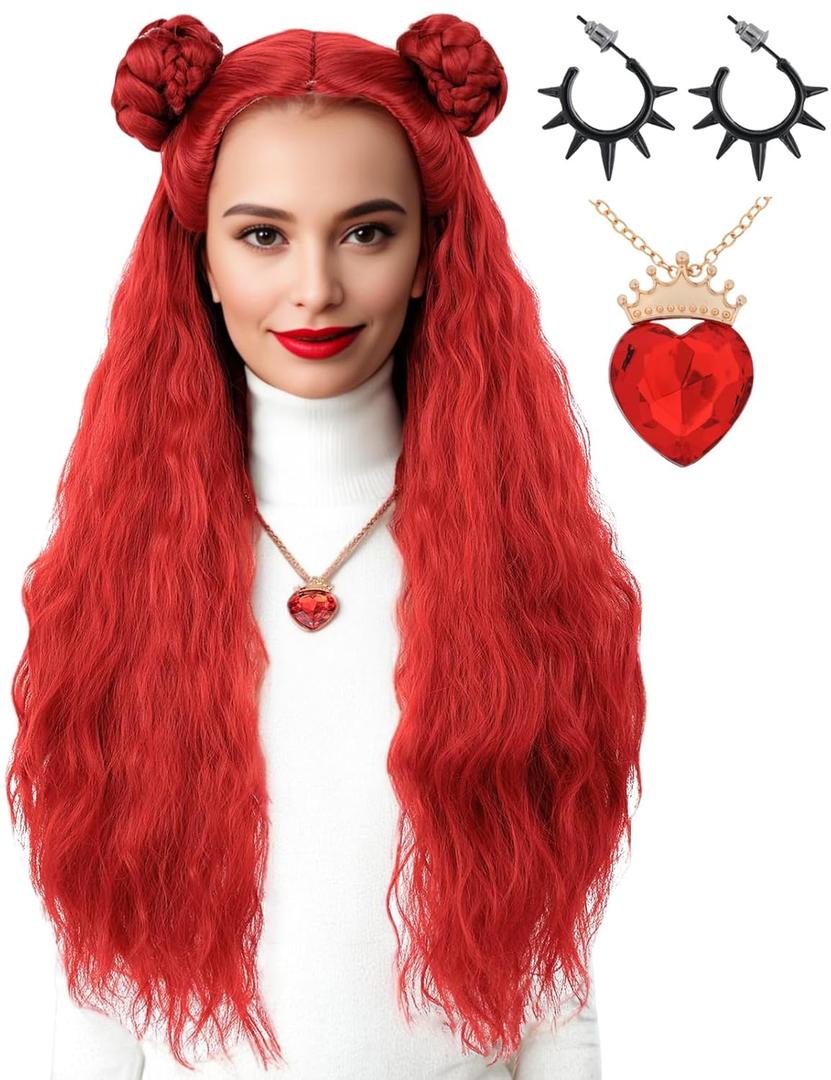 Long Wavy Red Wig with Braided Hair Buns Wig Including Red Necklace and Earrings for Cosplay, Costume, Halloween Party (Adult)