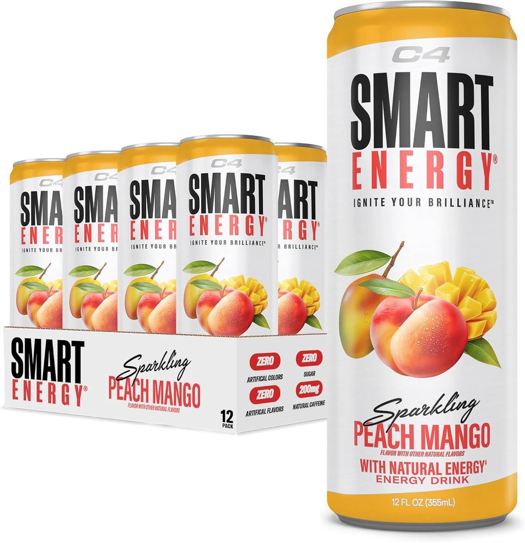 Cellucor C4 Smart Energy Drink Boost Focus and Energy with Zero Sugar, Natural Energy, and Nootropics - 200mg Caffeine - Peach Mango (12oz Pack of 12)