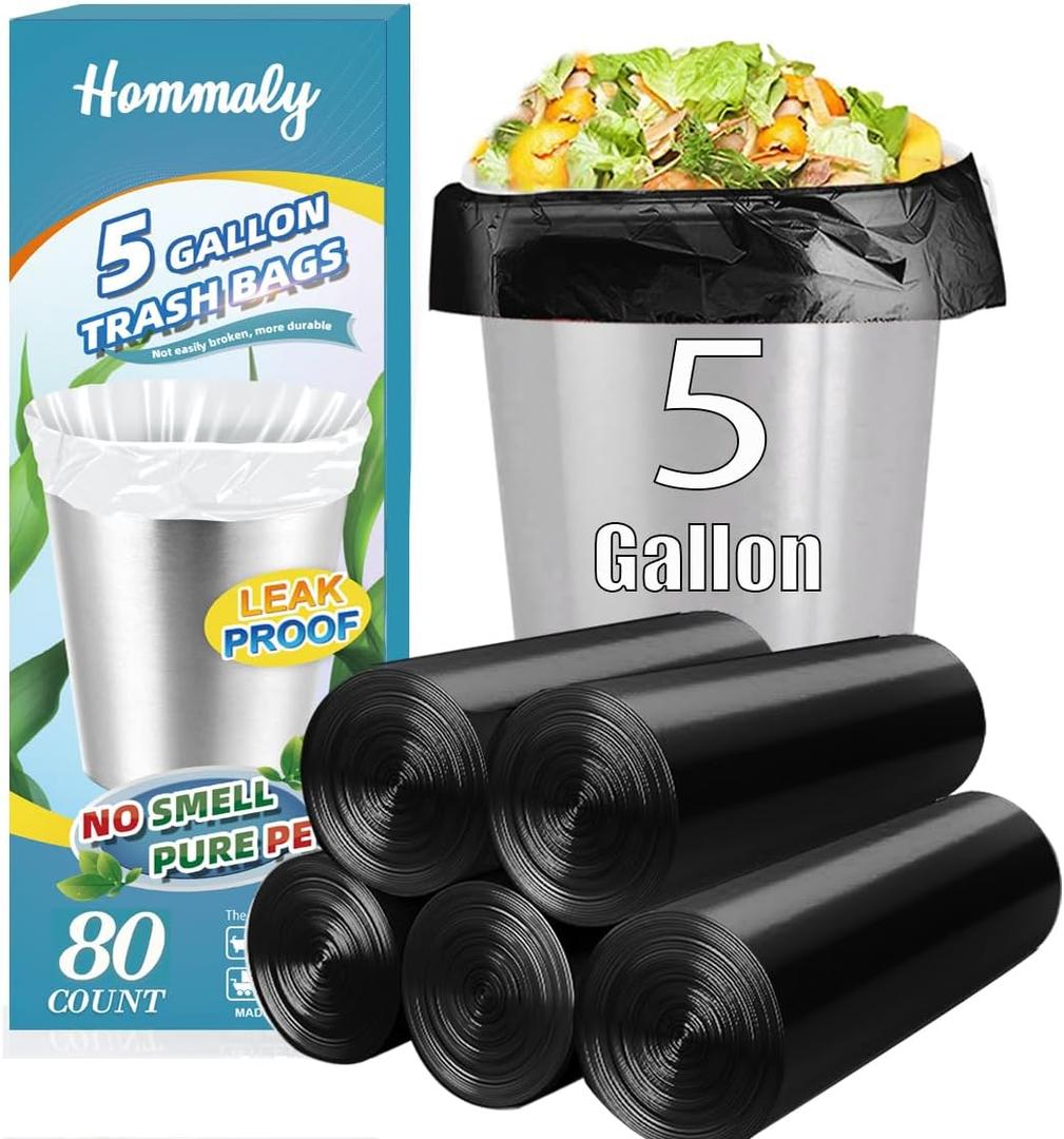 5 Gallon 80pcs (Fit 4.5-5.3 Gal) Small Black Trash Bags Strong Garbage Bags, 18-20 Liter Bathroom Trash Can Bin Liners, Unscented Plastic Bags for Office Home Kitchen, Waste Basket Liner, 5Gal-Black
