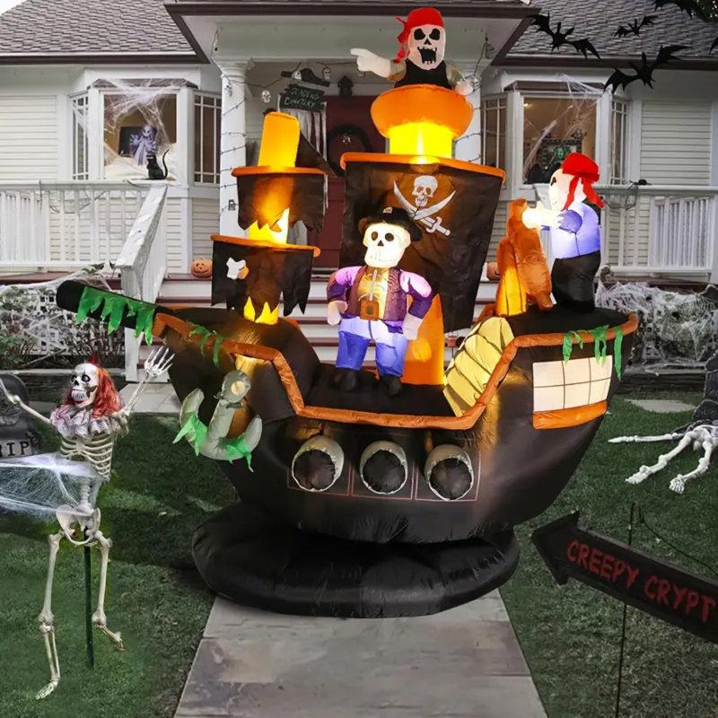 Halloween Inflatable Pirate Ship-Halloween Inflatable Skeletons Ghosts On Pirate Ship Lights Decor