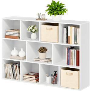 Whitmor 11 Cube Storage Organizer, 4 Tier Stackable Bookcase, Open Storage Display Bookshelf, Storage Cabinet for Living Room, Bedroom, Home, Office, 29.1" L x 9.4" W x 41.7" H, White