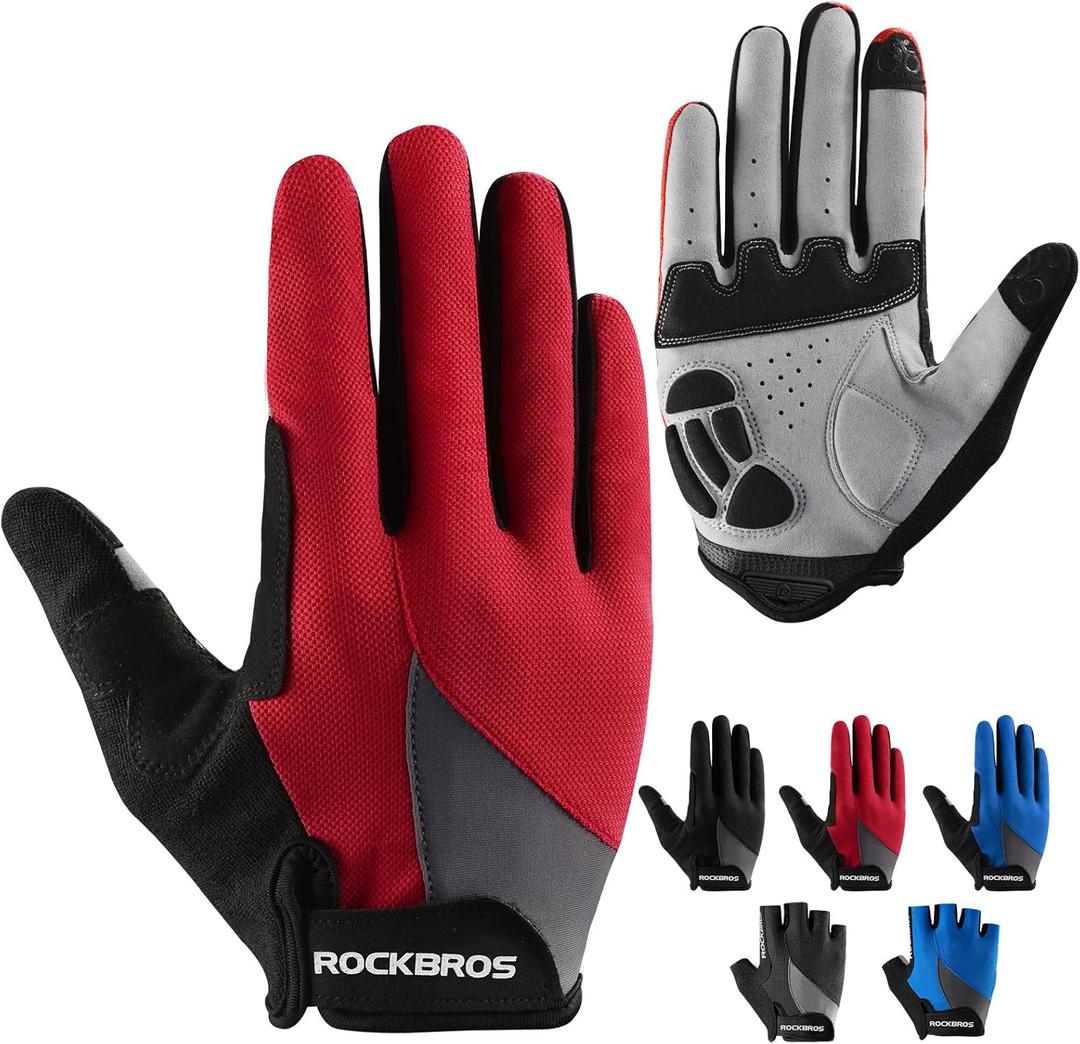 ROCKBROS Cycling Gloves for Men Women - Breathable Gel Pad Road Mountain Bike Gloves - Touch Screen Anti-Slip MTB Gloves for Cycling Workout Outdoor Sports (Large, Full Red)