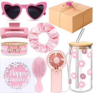 10 Pcs Birthday Gifts for Women, Teen Girl, Her, Happy Birthday Gift Set Ideas for Girl, Women, Friend, Sister, Daughter, Coworkers, Families, Cute Daisy Aesthetic Glass Cups Present Set(Pink)