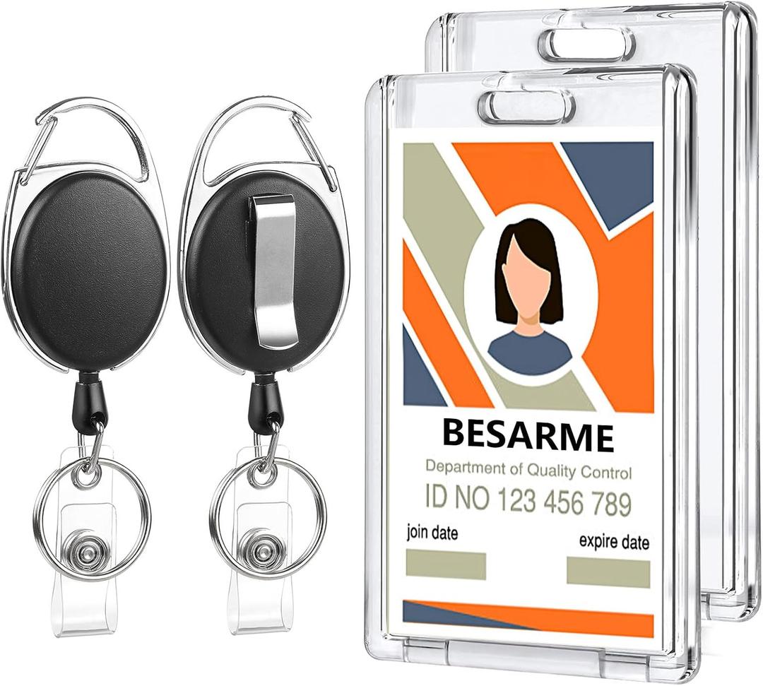 2 Set Badge Holder Retractable Clip Heavy Duty Badge Reel with Acrylic Clear Vertical ID Card Badge Holders for Work Office Nurse Teacher Student
