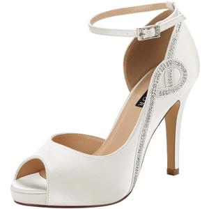 ERIJUNOR Women Peep Toe Side Open Rhinestones Comfortable Platform Satin Bridal Wedding Party Shoes (White) 8