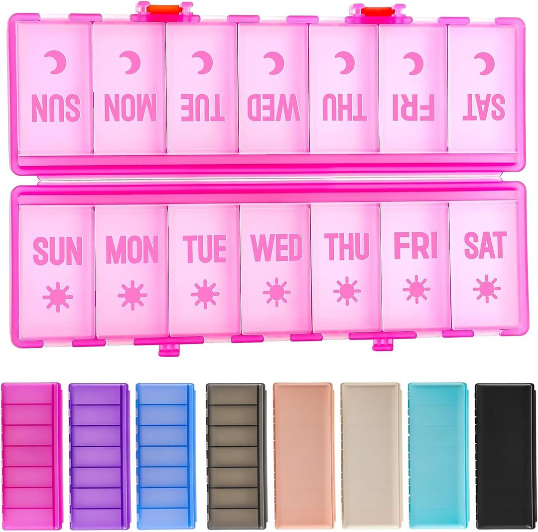 Foldable Pill Organizer 2 Times a Day w/Etched Labels -Dual Protection & Portable Weekly AM PM Pill Box, 7 Day Medicine Container, Large Travel Pill Case for Week Daily Supplement Vitamin -Clear Pink
