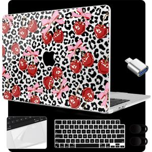 MEEgoodo Case for MacBook Air 15 inch M4/M3/M2 2025 2024 2023, Case Fit Model (A3241/A3114/A2941) for MacBook Air 15-inch, Laptop with Keyboard & Camera Cover & OTG Adapter, Leopard & Cherry