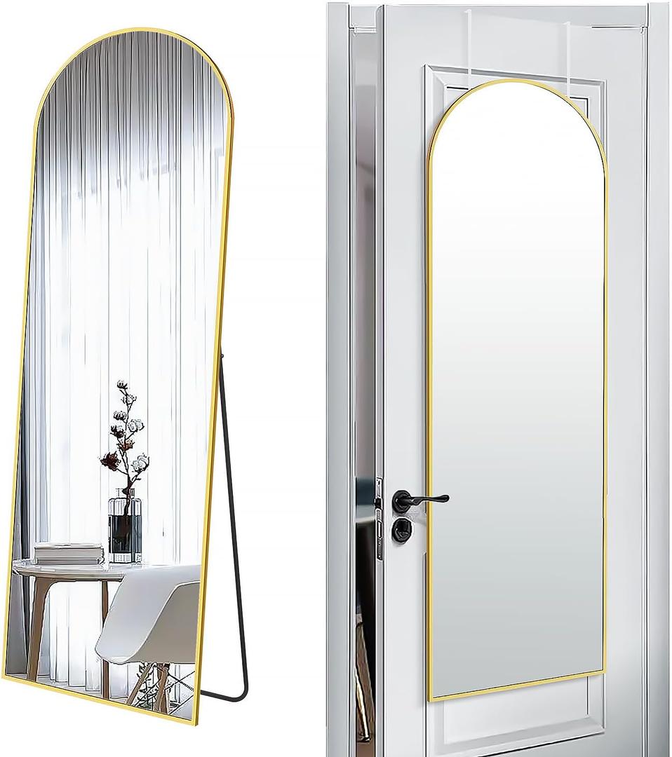 SCWF-GZ 57x20 Door Hanging Full Length Mirror, Floor (Height 5.7ft just Body in1.3ft) or Wall Mounted Metal Frame Arch Dressing Mirrors for Bedroom Bathroom Living Room 57 20 inch Gold  