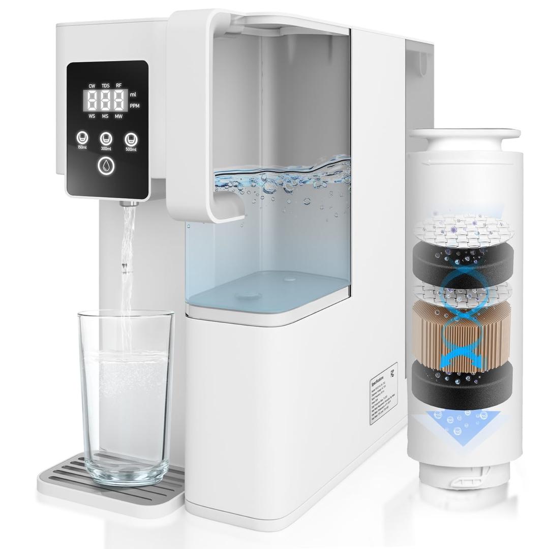 Countertop Reverse Osmosis System Water Filter - 5 Stage RO Water Filtration System, No Installation Portable Home Water Purifier, TDS & Filter Monitor, 3:1 Pure to Drain, White