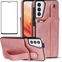 NKECXKJ Design for Samsung Galaxy S21 5G Phone Case with Screen Protector Adjustable Wrist Strap Kickstand Credit Card Slot Slim Shockproof Hybrid Rugged Protective Cover for Women 6.2 inch Rose Gold