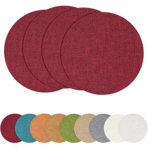 homing 15 Inch Round Cloth Placemats Set of 4, Cotton Linen Blend Washable Table Mats, Farmhouse Dining Place Mats for Indoors & Outdoors, Easy to Clean, Red
