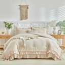 Flysheep Beige Ruffle Comforter Set Twin Size, 3 Pieces Vintage Farmhouse Shabby Chic Comforters, Solid Color Lightweight Soft Fluffy Bedding Sets for Kids (1 Ruffled Comforter + 2 Pillow Shams)