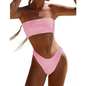 YIMISAN Women's Two Piece Bandeau Swimsuit Ribbed Strapless Tube Bikini Top with Mid Waist Cheeky Bottom Bathing Suit, Size: X-Small, Light Pink