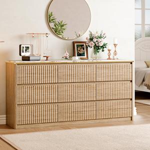 Fluted Dresser for Bedroom with 9 Drawers,62.99" Modern Chest of Drawers with Faux Marble Top, Curved Profile Design,Dresser TV Stand, Wood Drawer Organizer for Living Room, Hallway, Wood
