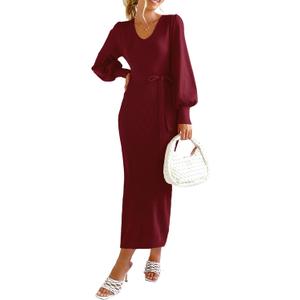 PRETTYGARDEN Women's Fall Knit Pullover Sweater Dress Elegant Long Lantern Sleeve V Neck Winter Maxi Bodycon Dresses (Wine Red)