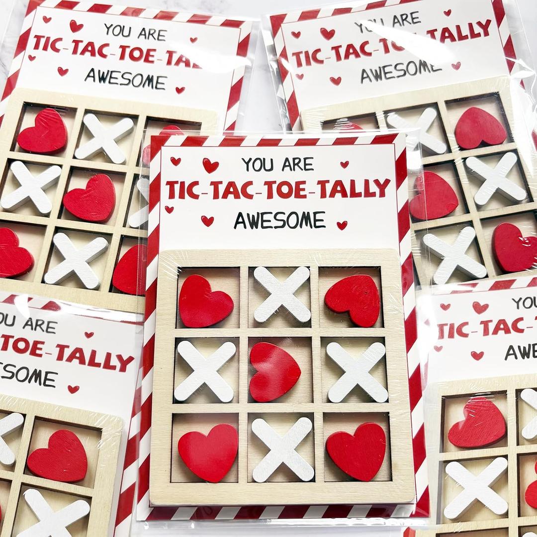 Valentines Day Cards for Kids School - 12 Pack Valentines Cards with Wooden Tic Tac Toe - Funny Valentine Exchange Gift for Boys Girls Toddler Classroom Party Favors