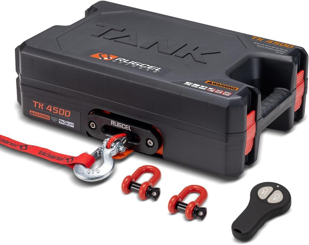 RUGCEL WINCH 12V DC Electric Portable Utility Winch 4500lb/2041kg Single Line Pull with Steel Mounting Plate, Integrated Hawse Fairlead and Synthetic Rope,Wiress Remote, Black