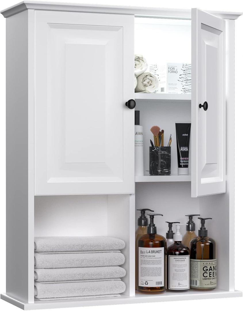 HAIOOU Bathroom Wall Cabinet with Motion Sensor LED Light, Wooden Medicine Cabinet Wall Mounted Cupboard, Over Toilet Storage Cabinet with Buffering Hinges and Adjustable Shelf - Modern White (23.6" W x 8.2" D x 29.5" H)