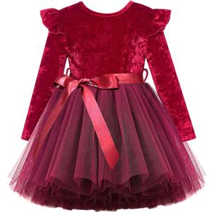 UNICOMIDEA 1-6T Toddler Velvet Dress Little Girls Tutu Tulle Crewneck Long Sleeve Holiday Party Fashion Dresses (4-5T, Burgundy Red)