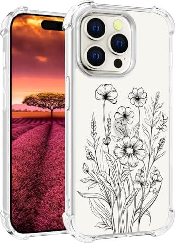 Topgraph Compatible with iPhone 15 Pro Case Designer Cute Clear for Women,Cool Transparent Silicone Phone Cases Cover - Black Flowers Line Art 2 Pack