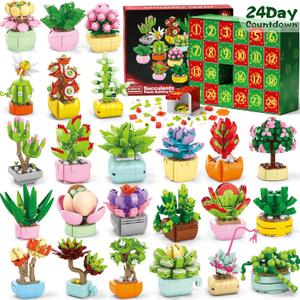 Advent Calendar 2025 for Kids Teens Adults, 24 Days Surprise Botanical Building Blocks Christmas Countdown Calendar Gift Box with Different Succulents Plants Building Bricks Set for Boy Girl Women Men