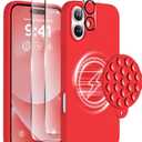 Magnetic for iPhone 16 Case, Compatible with Magsafe, Suction Cup Phone Mount, [2 Screen Protectors][Camera Lens Protector] Silicone Shockproof Protective Slim Phone Cover 6.1", Red