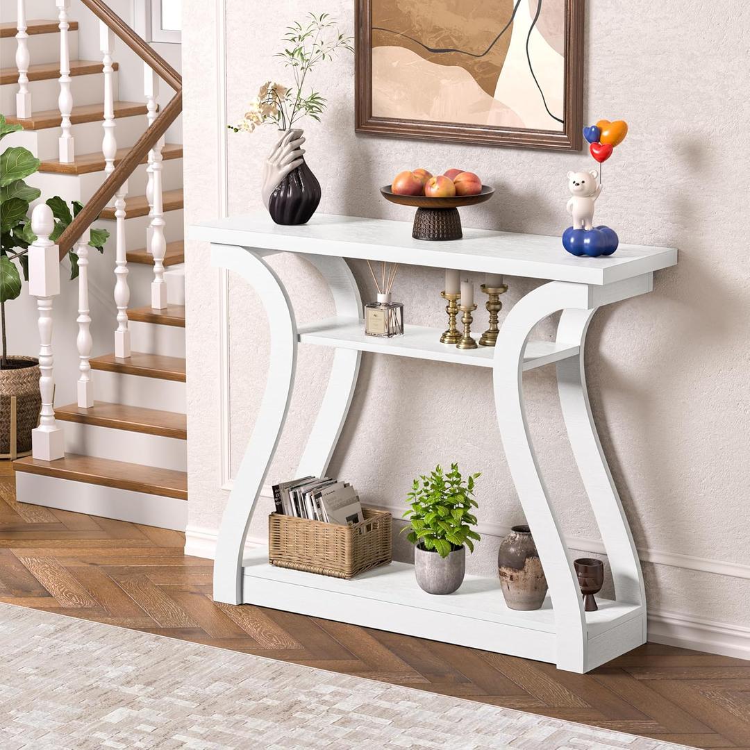 Wooden Console Table with Curved Legs and Shelf, 3-Tier Modern Accent Narrow Sofa Table for Entrance Area, Living Room, Hallway, 47 in Wide Wood Console Table for Entryway (White), 47.3 inches x 11.4 inches x 32 inches