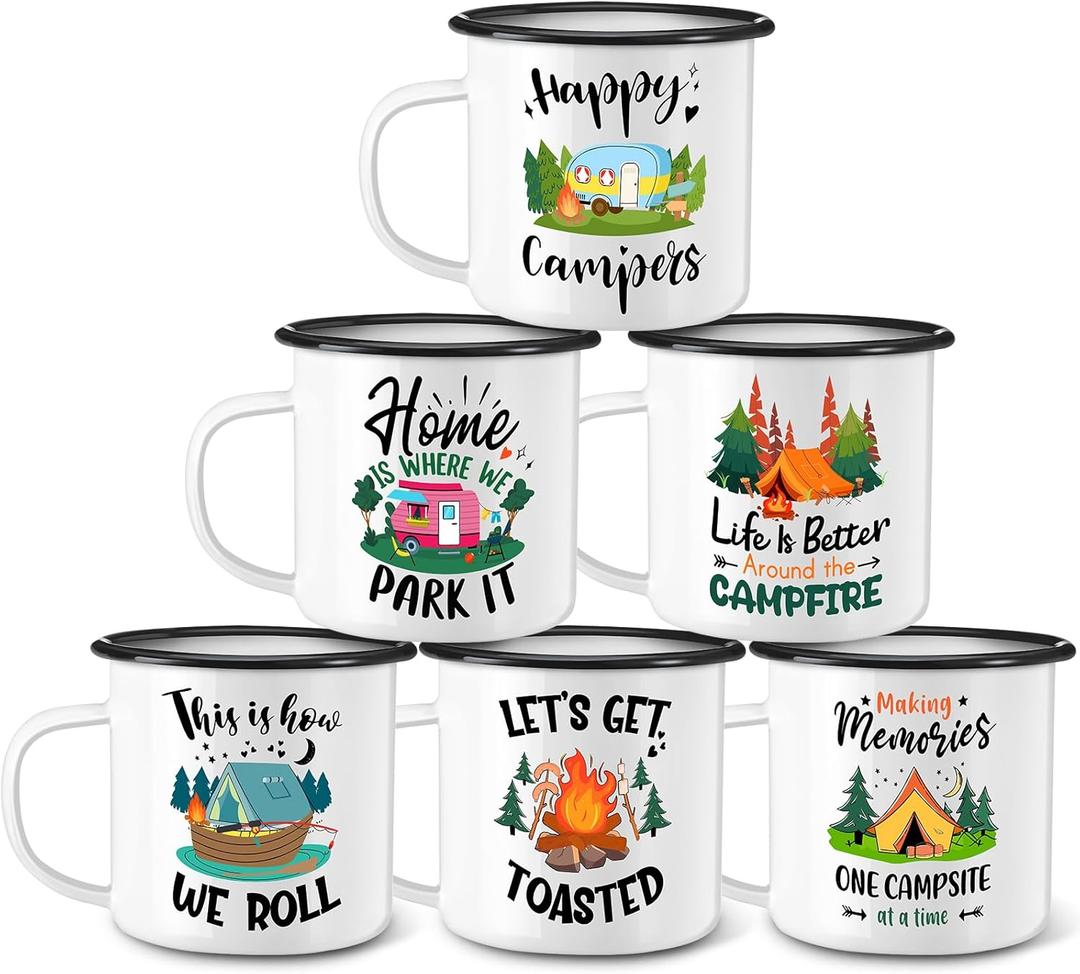 Baderke 6 Pcs Enamel Camping Mugs Set 12 oz Coffee Mugs with Handle Portable Camp Drinking Cups Vintage Metal Mug Bulk Happy Campers Campfire Tea Cups for Outdoor Travel Camping Holiday Gifts(White)