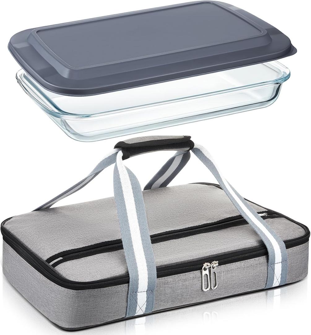 Glass Baking Dish with Lid Glass Casserole with Carrier 9 x 13 Inch Insulated Bag for Hot or Cold Food Deep Casserole Dish for Oven Potluck Party Picnic Cookouts (Grey)