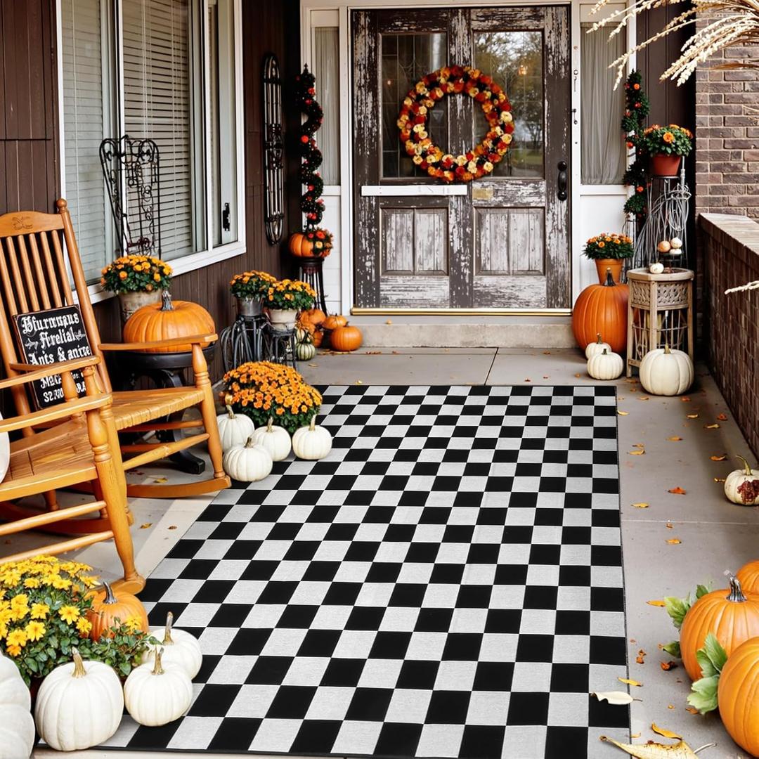 Seavish Checkered Rug, 5x6.5 Ft Black and White Outdoor Rug, Farmhouse Checkerboard Washable Rugs, Low Pile Cotton Woven Area Rugs for Living Room Bedroom Dining Room Entryway Office