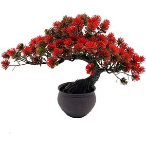 Fycooler Artificial Plants Artificial Bonsai Juniper Tree Potted Faux Japanese Pine Bonsai Simulation Zen Garden Fake Plant Artificial Bonsai Tree for Home Office Showcase Indoor Décor Desktop Display (Red)