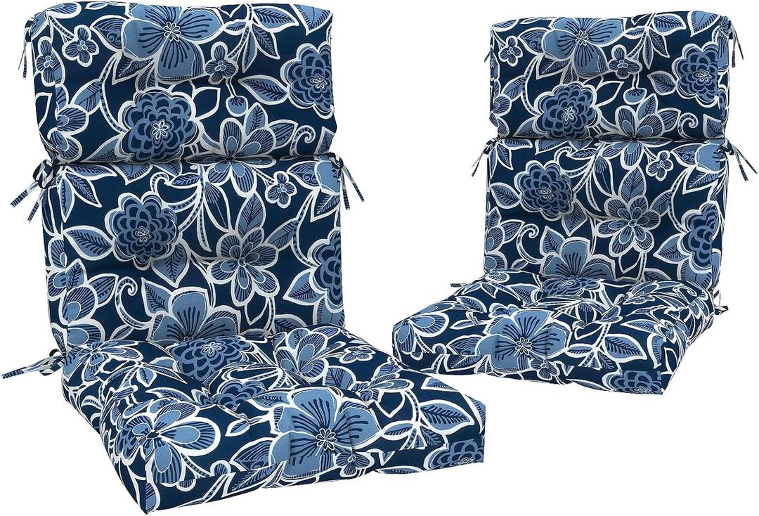 Outdoor High Back Chair Cushions Set of 2, Water-Resistant Chair Cushions for Patio Home Garden, Replacement Rocking Chair Cushion with tie 22" W x 20" D, Flower Navy, 44"x22"x4"