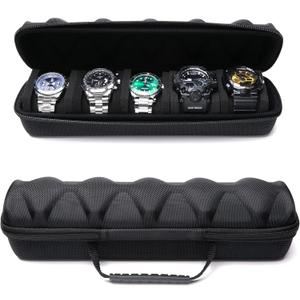 5 slots Hard men's watch travel case, Portable zipper storage organizer box with soft compressible foam pillow to fit large and small watches(Black, 5slot)