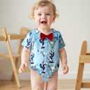 Baby Boy 4th of July Outfit American Flag/Popsicle/Cactus Dress Shirt Bodysuit Lapel Button Short Sleeve Romper (3-6 Months, Light Blue)