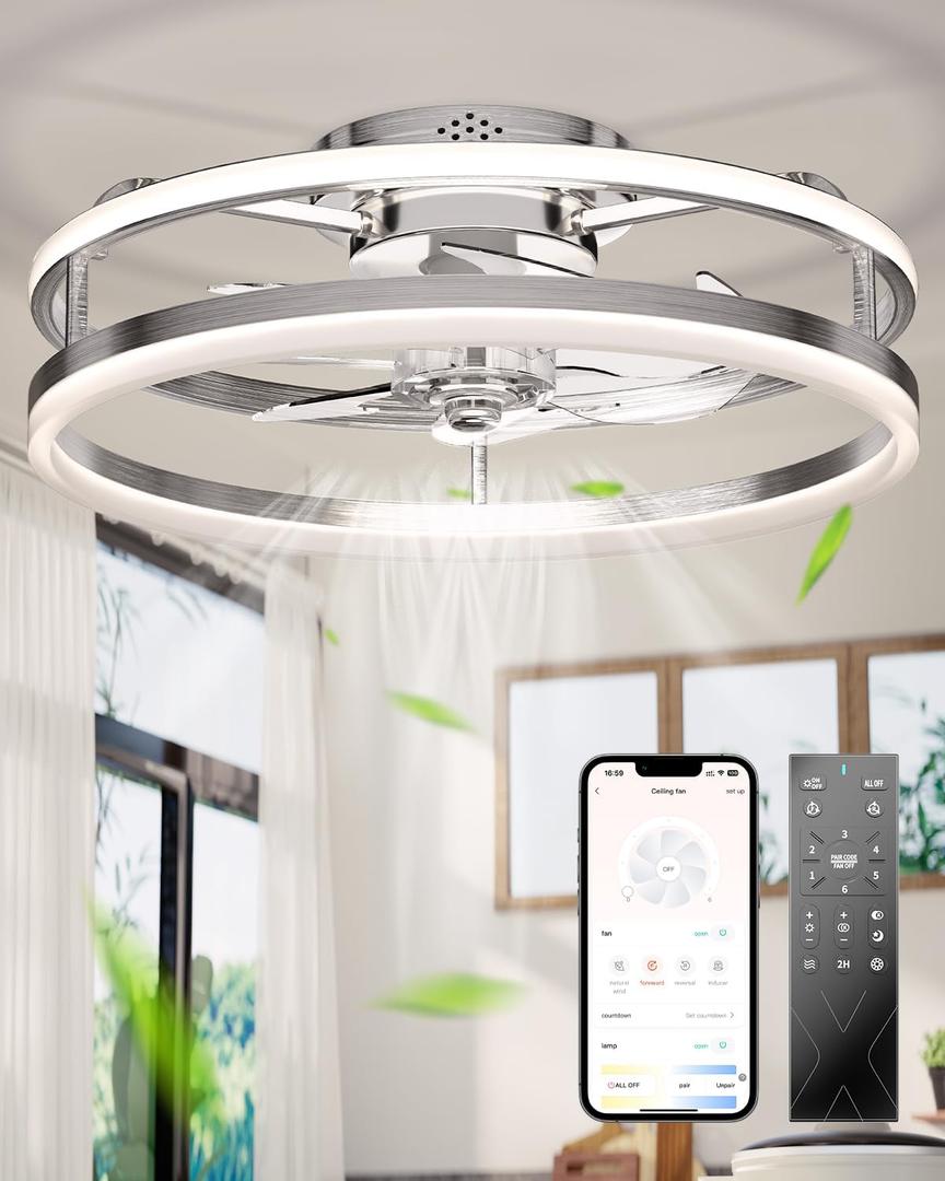Low Profile Ceiling Fans with Lights and Remote, 19.7'' Fandelier Ceiling Fans with Remote App, Flush Mount ceiling fan with 6 Speeds 3000-6000K Dimmable LED Light For Bedroom (brushed nickel)