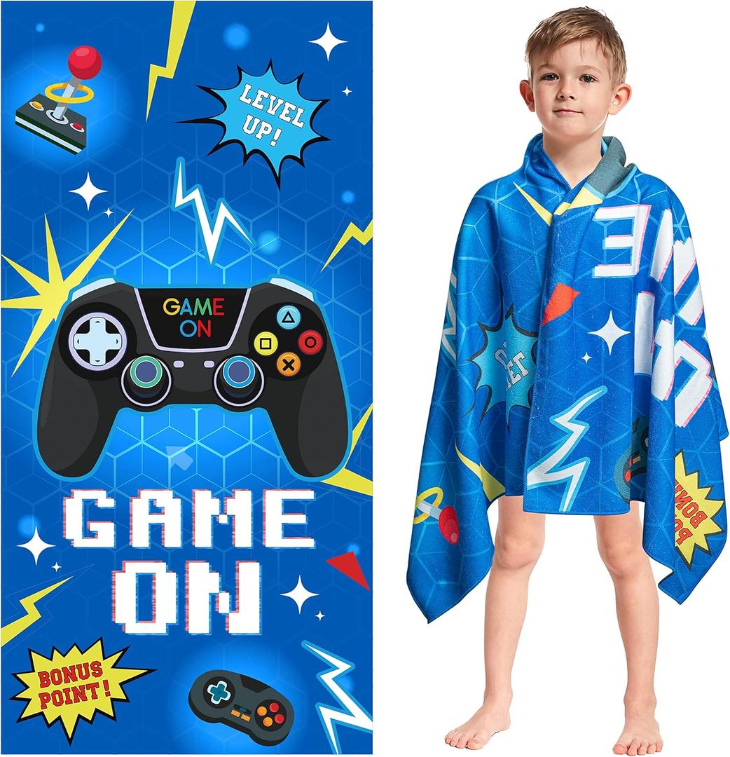 R HORSE Blue Video Game Beach Towel for Kid, 30 x 60 inch Microfiber Pool Towel Absorbent Quick Dry Beach Towel Sand Free Blanket for Summer Pool Party Supplie Bath Sport Travel Beach Swimming Camping