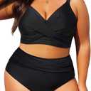 Women's Plus Size High Waisted Bikini - Two Piece Swimsuit Tummy Control Bathing Suit 2025 Twist Swimwear (Black)