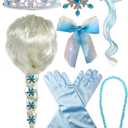 Princess Wig Braid with Tiara Necklace Gloves Princess Dress Up Costume Cosplay Accessories for Kids Girls