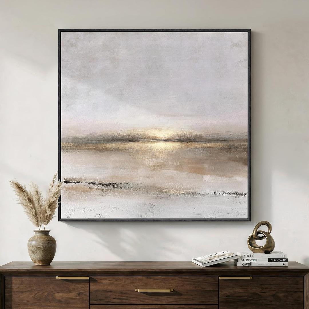 Framed Neutral Abstract Landscape Wall Art, Modern Gray Black Gold Canvas Prints Artwork for Walls, Minimalist Square Pictures for Living Room Bedroom Dining Room Hallway Office Wall Decor, 30x30 In