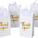 DjinnGlory 50 Pack Small White & Gold Foil Thank You Paper Gift Bags with Handles 9 x5.5 x3.15 Inch and 50 Tissue Paper for Wedding Baby Shower Birthday Mother's Day Graduation Favors Goodies