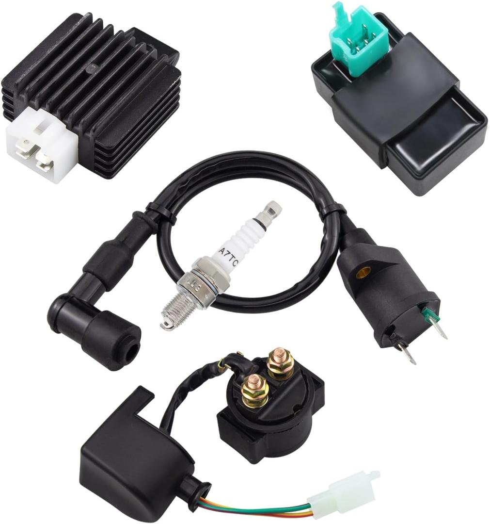 Ignition Coil Relay Voltage Regulator 5-PIN CDI Box Spark Plug Kits Fit for 49CC 50CC 70CC 90CC 110CC 125CC ATV Dirt Bike Go Kart TaoTao SUNL Kymco Kazuma Meerkat Coolster Etc.(Set of 5)