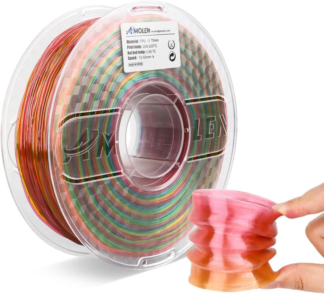 AMOLEN TPU 3D Printer Filament, Transparent Multicolor Rainbow TPU 1.75mm, Color Change Flexible Soft TPU 3D Printing Filament Supports High Speed, 1kg Spool(2.2lbs)