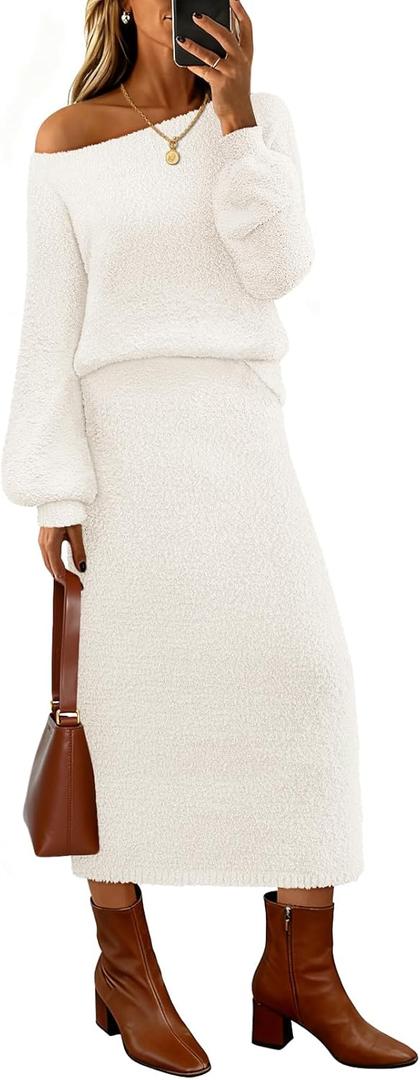MEROKEETY Women's Fuzzy 2 Piece Outfit Winter Long Sleeve Off Shoulder Pullover Top Midi Skirt Matching Lounge Sets (Beige)